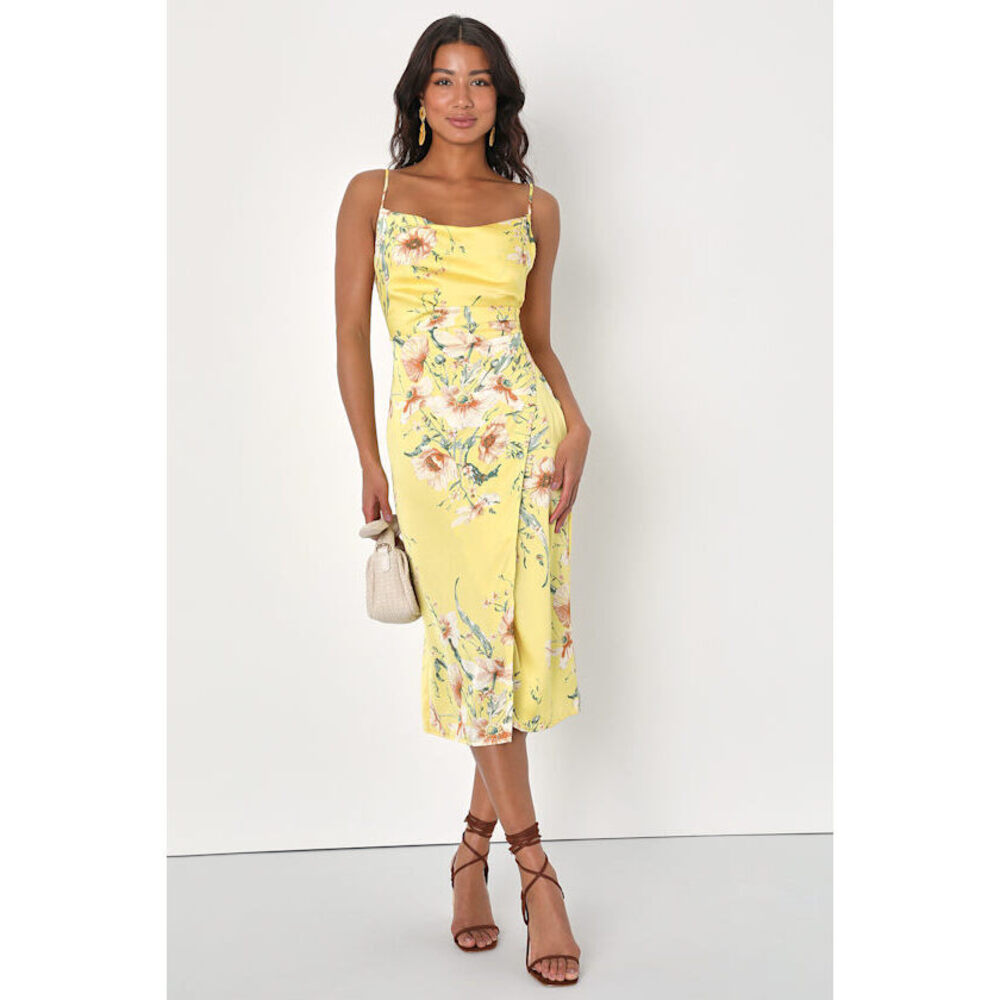 Lulus Sunny Blossom Yellow Floral Print Satin Cowl Neck Midi Dress - Size XL